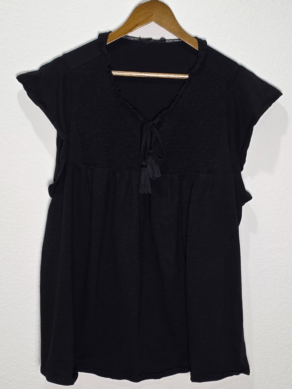 Universal Thread Black Smocked Boho Blouse Flutter Sleeve